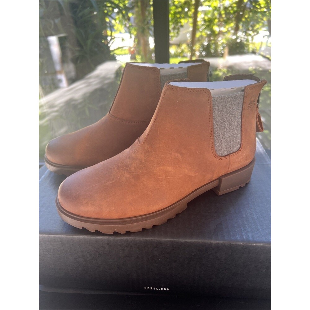 New Sorel Emelie II Chelsea Heel Zip Boots Size 6.5 Dark Amber Tobacco Women